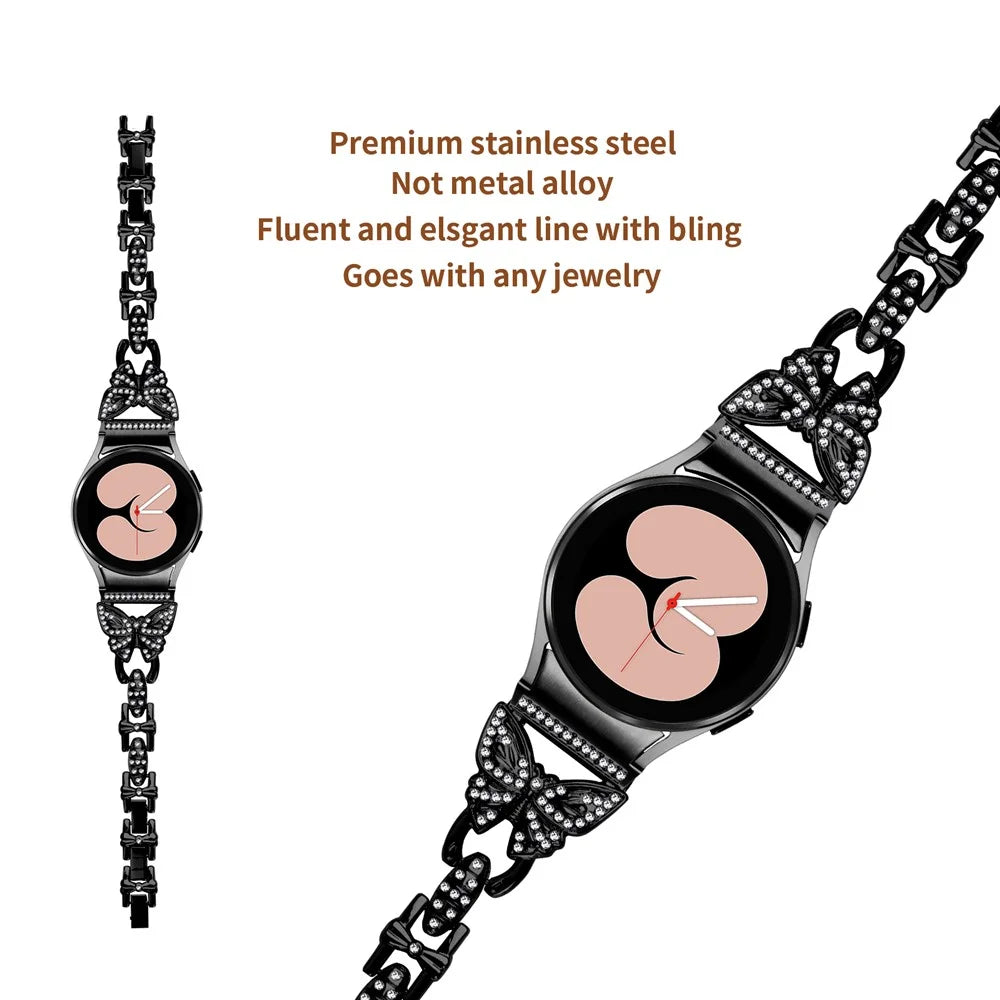 Stainless Steel Band for Samsung Galaxy Watch4 40mm 44mm / Watch5 40mm 44mm / Watch4 Classic 42mm 46mm , Rhinestone Decor 20mm Watch Strap with Connector - Black - 2