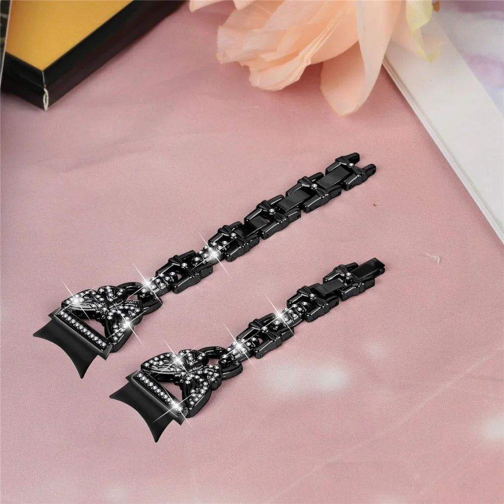 Stainless Steel Band for Samsung Galaxy Watch4 40mm 44mm / Watch5 40mm 44mm / Watch4 Classic 42mm 46mm , Rhinestone Decor 20mm Watch Strap with Connector - Black - 3