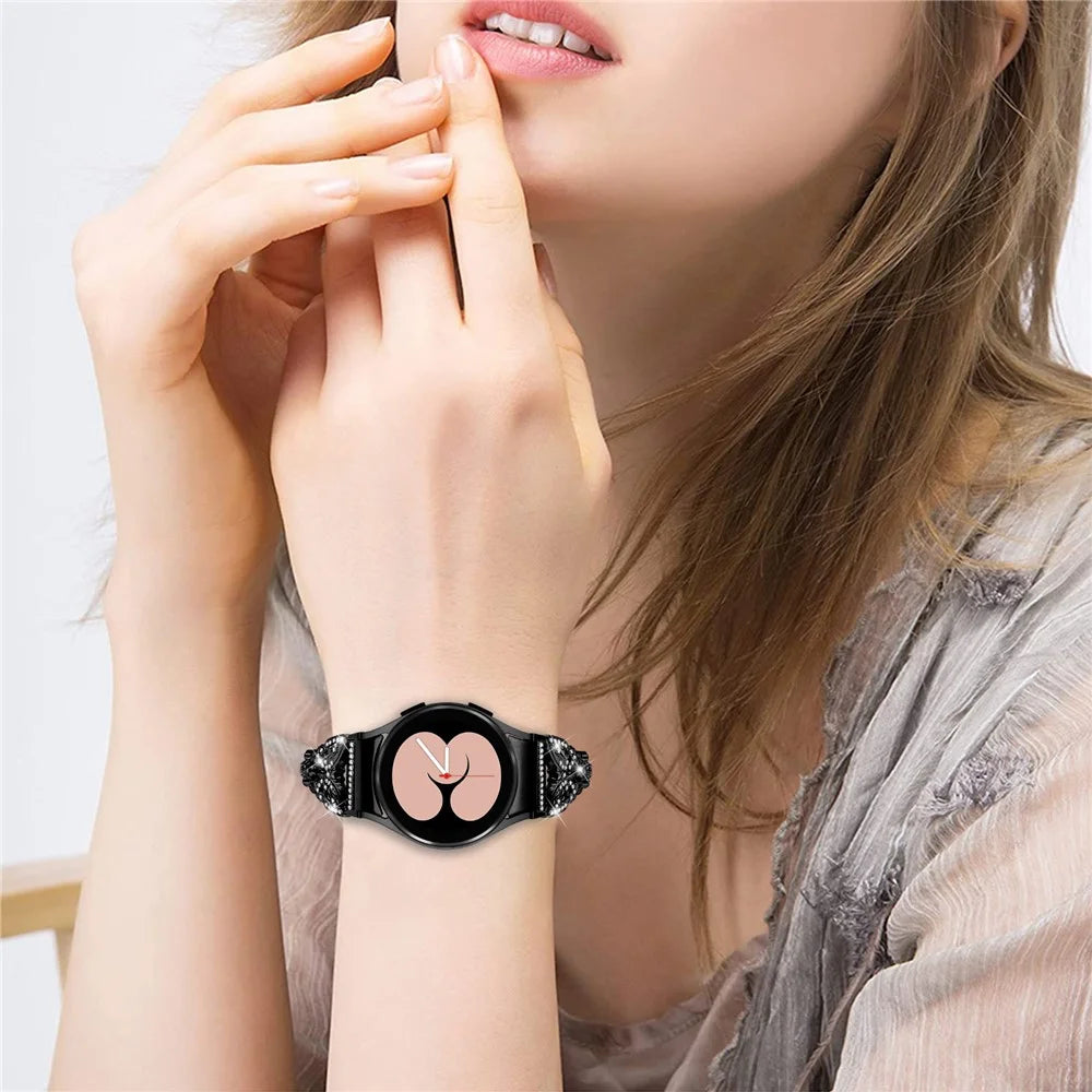 Stainless Steel Band for Samsung Galaxy Watch4 40mm 44mm / Watch5 40mm 44mm / Watch4 Classic 42mm 46mm , Rhinestone Decor 20mm Watch Strap with Connector - Black - 6