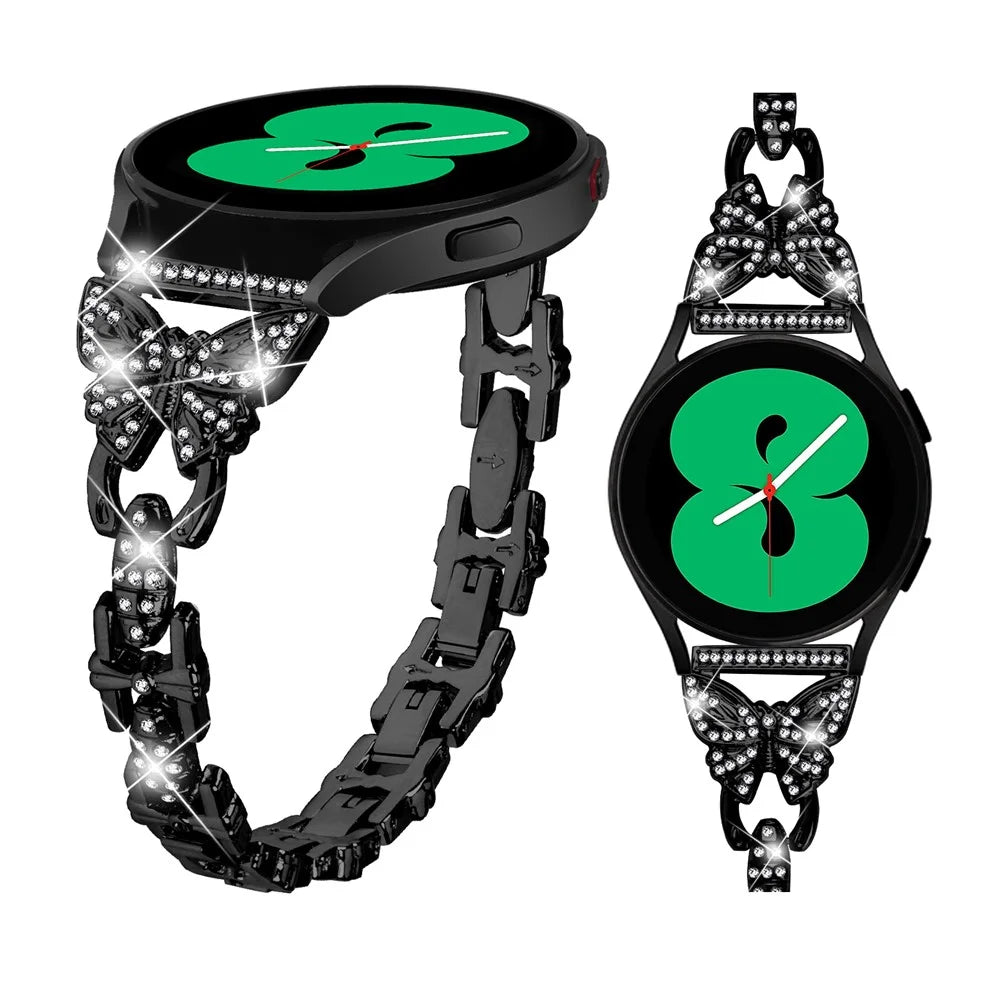 Butterfly Rhinestone Decor Band for Samsung Galaxy Watch Active / Active2 40mm 44mm , Stainless Steel 20mm Watch Strap - Black - 4