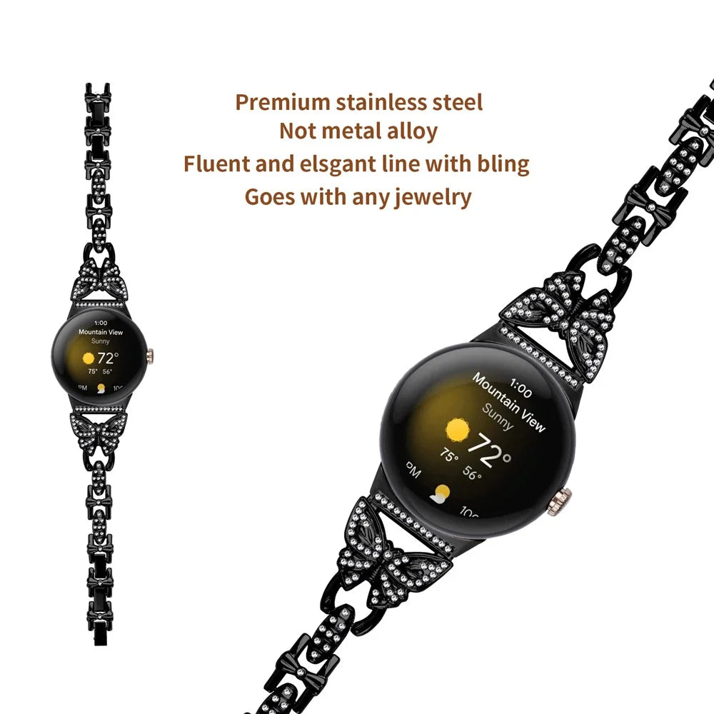 Metal Bling Watch Band for Google Pixel Watch 4 41mm / Watch 3 41mm / Watch 2 / Watch Stainless Steel Butterfly Rhinestone Decor Smartwatch Strap - Black - 2