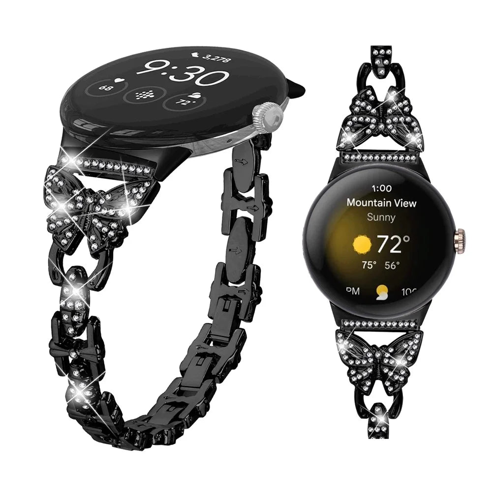 Metal Bling Watch Band for Google Pixel Watch 4 41mm / Watch 3 41mm / Watch 2 / Watch Stainless Steel Butterfly Rhinestone Decor Smartwatch Strap - Black - 4