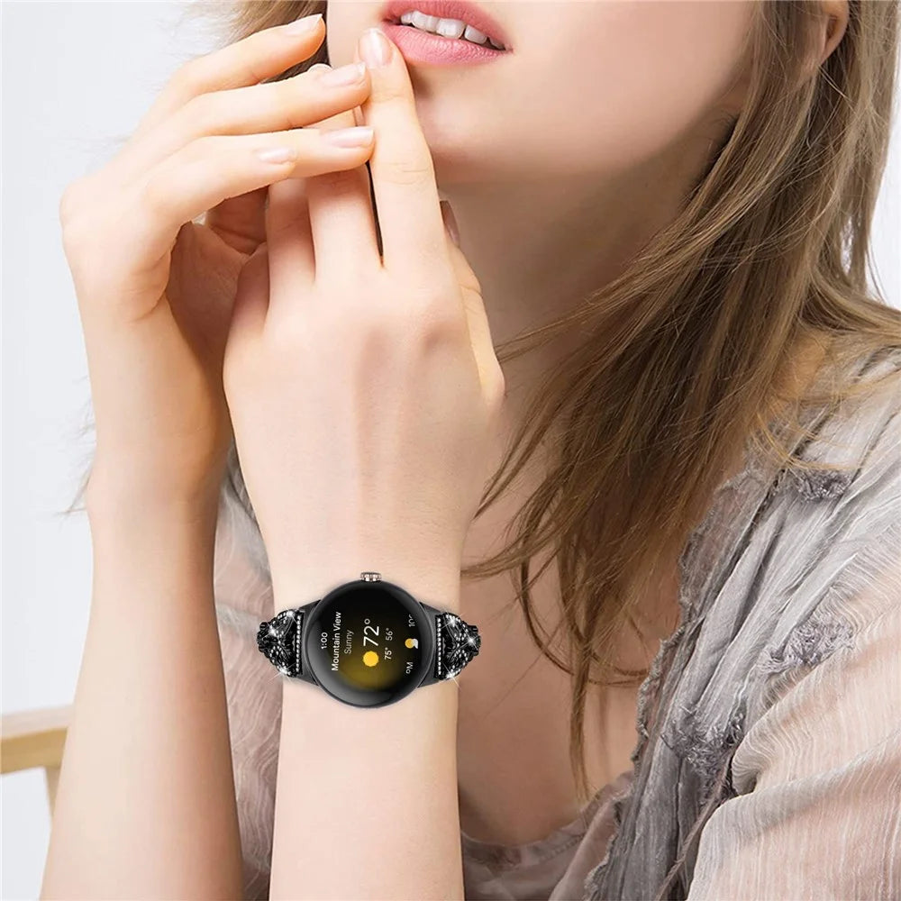 Metal Bling Watch Band for Google Pixel Watch 4 41mm / Watch 3 41mm / Watch 2 / Watch Stainless Steel Butterfly Rhinestone Decor Smartwatch Strap - Black - 6