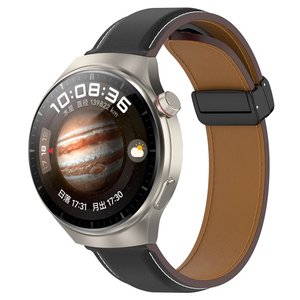 For Huawei Watch Buds / Watch 4 Pro / Watch 3 Pro Genuine Cow Leather Watch Strap 22mm Folding Buckle Wristband - Black - 4