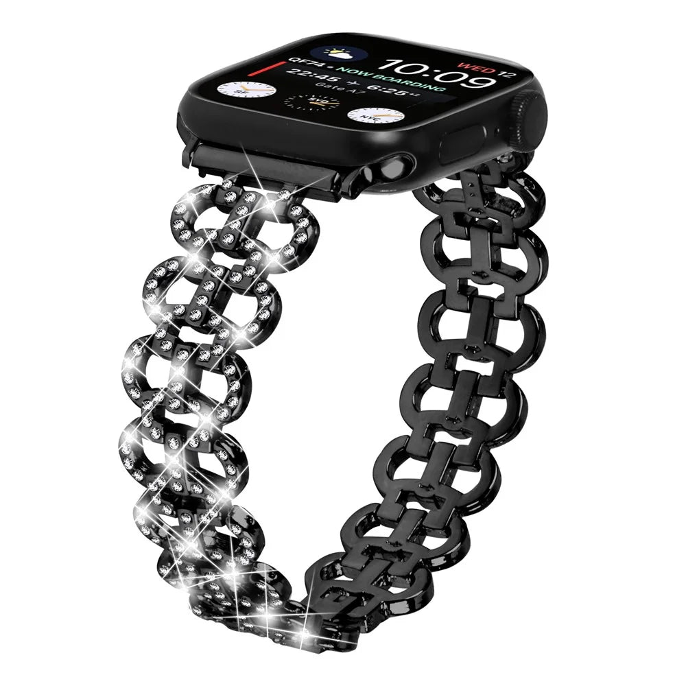 Watch Band for Apple Watch Ultra 3 2 1 49mm / Series 11 10 46mm / 9 8 7 45mm / SE3 SE2 SE 6 5 4 44mm / 3 2 1 42mm Rhinestone Decor Zinc Alloy Strap - Black - 2