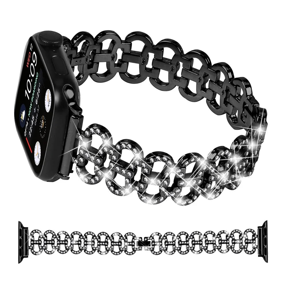 Zinc Alloy Watch Band for Apple Watch Series 11 10 42mm / 9 8 7 41mm / SE3 SE2 SE 6 5 4 40mm / 3 2 1 38mm Bling Rhinestone Decor Copper Bracelet - Black - 3