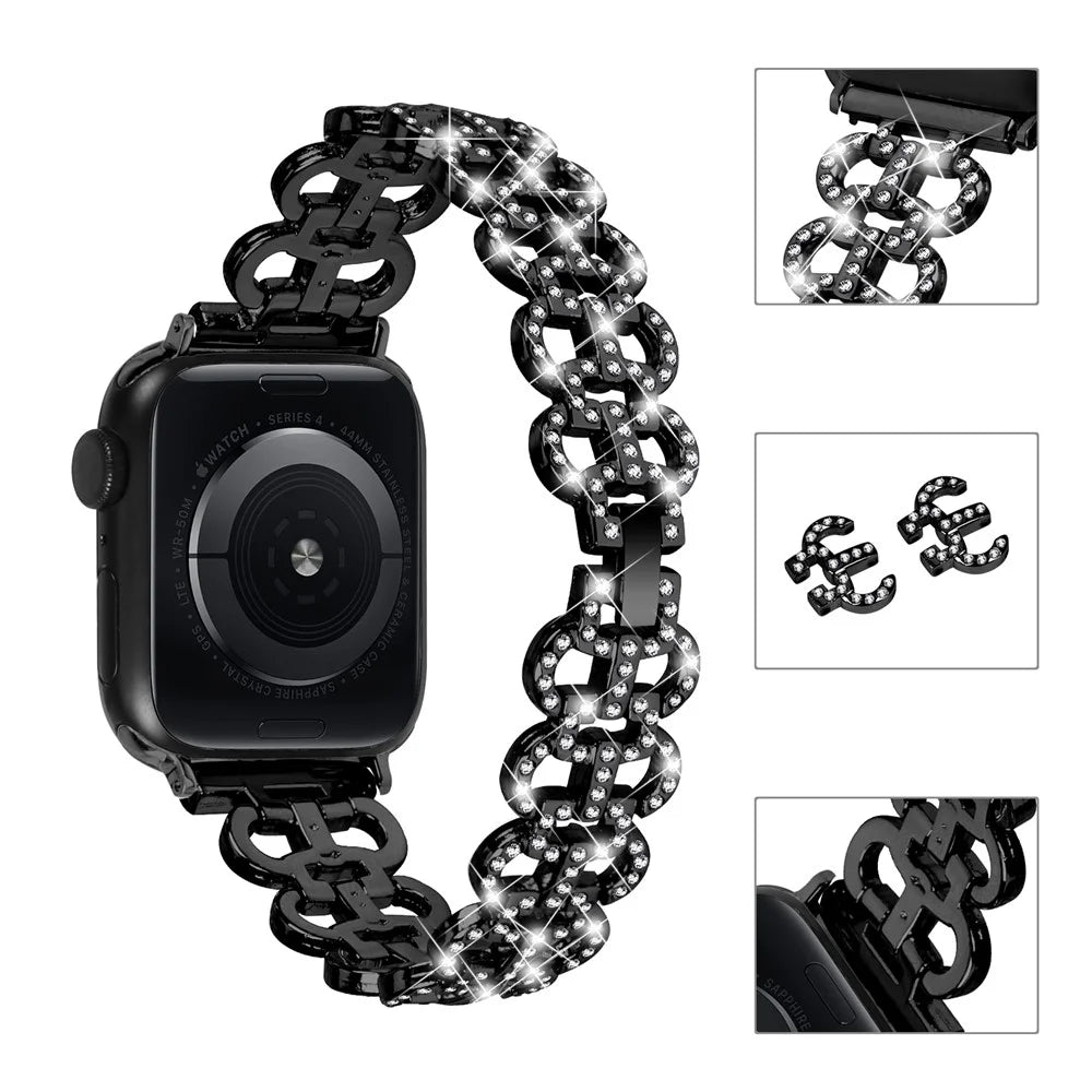 Zinc Alloy Watch Band for Apple Watch Series 11 10 42mm / 9 8 7 41mm / SE3 SE2 SE 6 5 4 40mm / 3 2 1 38mm Bling Rhinestone Decor Copper Bracelet - Black - 4
