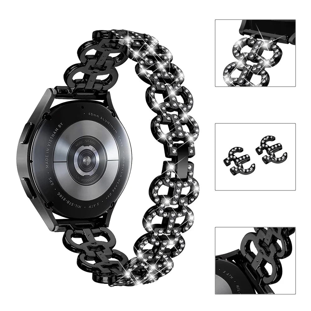 Zinc Alloy Band for Samsung Galaxy Watch4 40mm 44mm / Watch4 Classic 42mm 46mm / Watch 5 40mm 44mm Rhinestone Decor 20mm Watch Strap - Black - 4