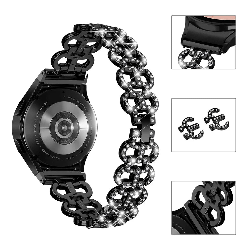 For Samsung Galaxy Watch4 40 / 44mm / Watch4 Classic 42 / 46mm / Watch 5 40 / 44mm Metal Watch Strap Rhinestone Watchband with Connector - Black - 4