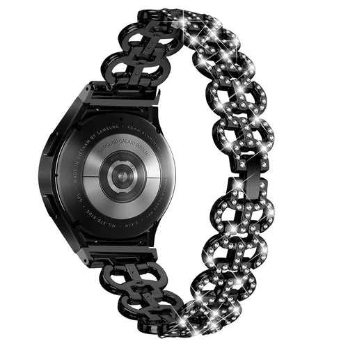 For Samsung Galaxy Watch6 40 / 44mm Rhinestone Metal Watch Strap Hollow Breathable Watchband with Connector - Black - 1
