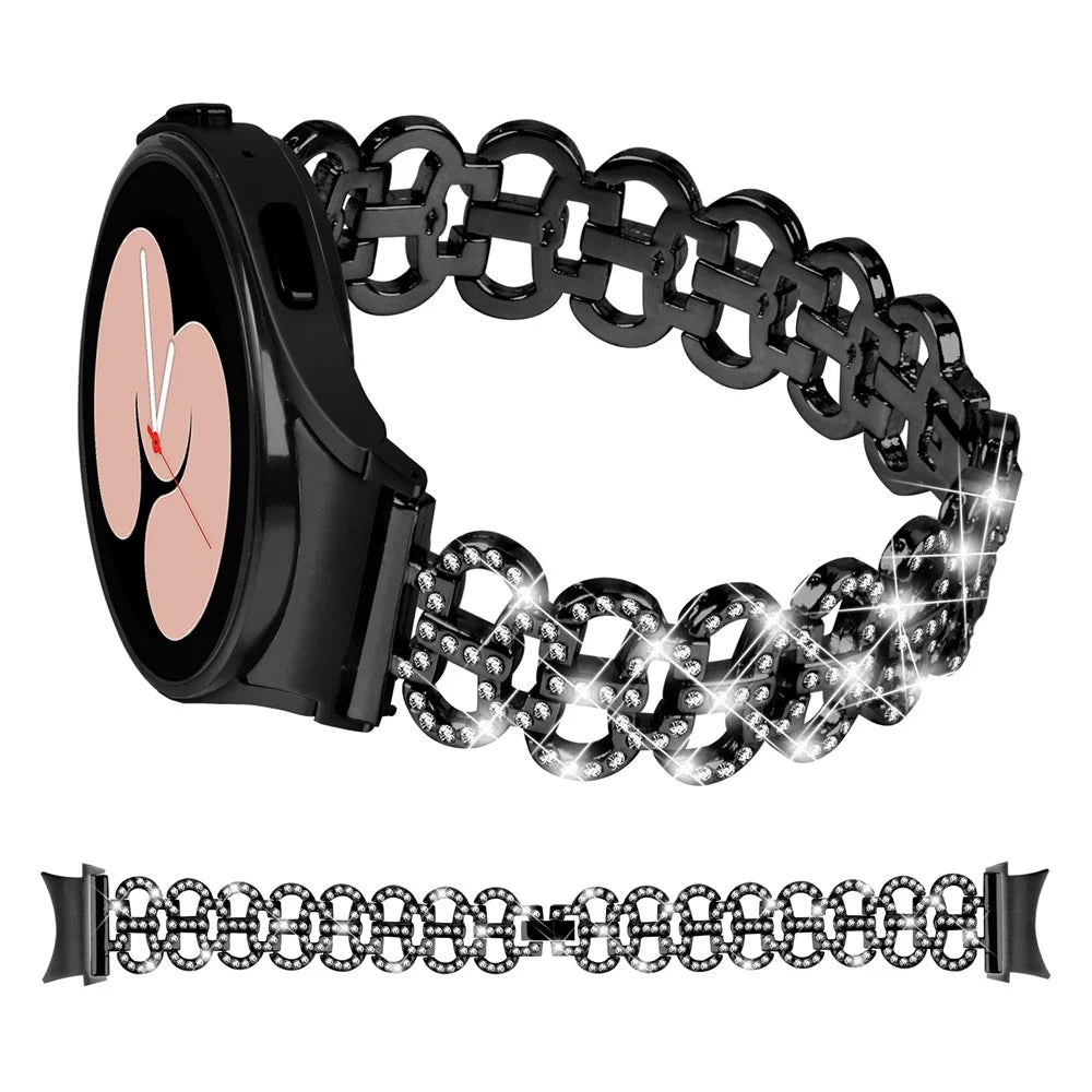 For Samsung Galaxy Watch6 40 / 44mm Rhinestone Metal Watch Strap Hollow Breathable Watchband with Connector - Black - 3