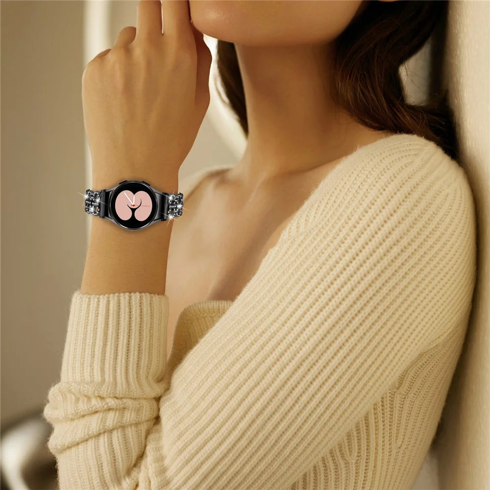 For Samsung Galaxy Watch6 40 / 44mm Rhinestone Metal Watch Strap Hollow Breathable Watchband with Connector - Black - 6