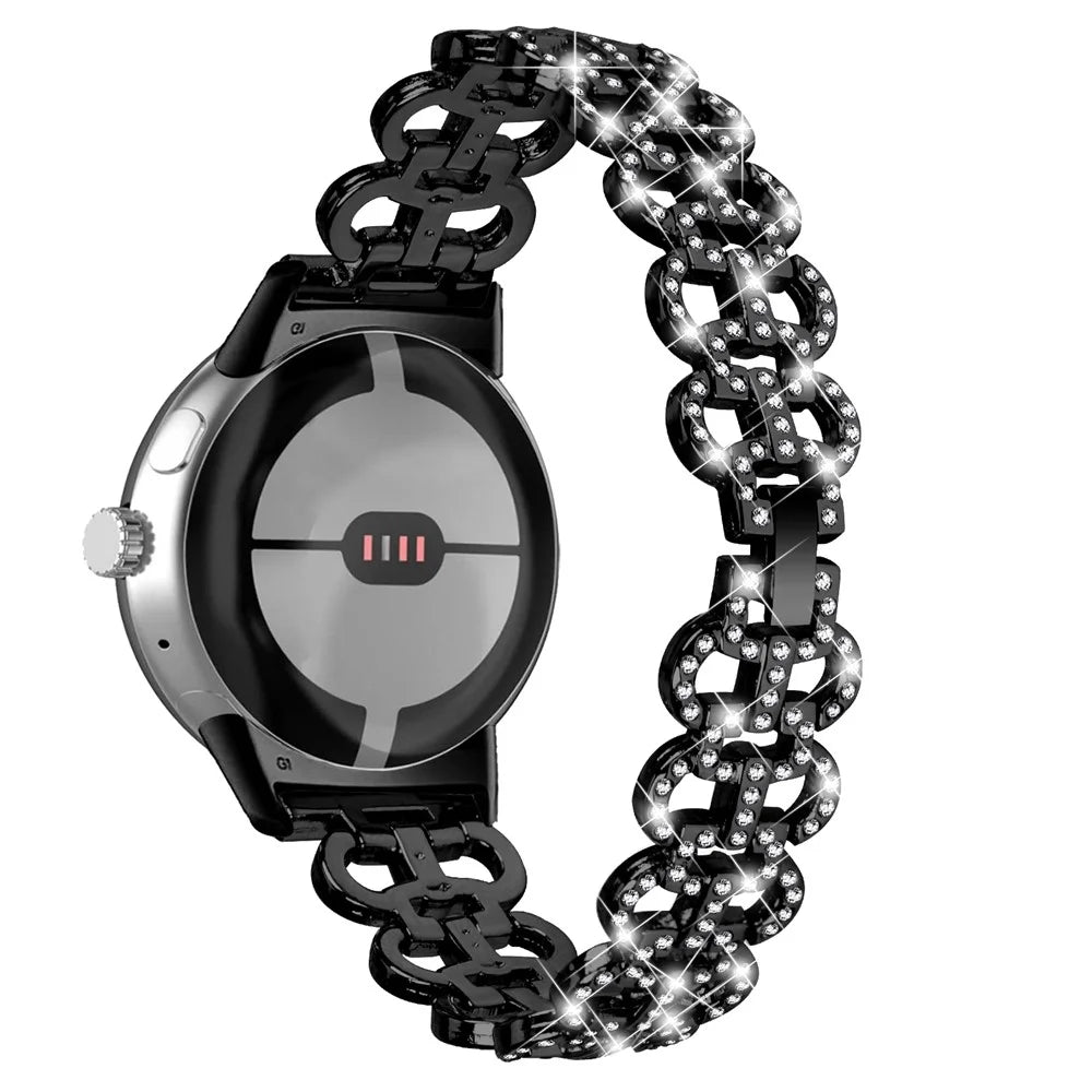 For Google Pixel Watch 4 41mm / Watch 3 41mm / Watch 2 / Watch Gourd Shape Rhinestones Decor Watch Strap Zinc Alloy Replacement Band - Black - 1