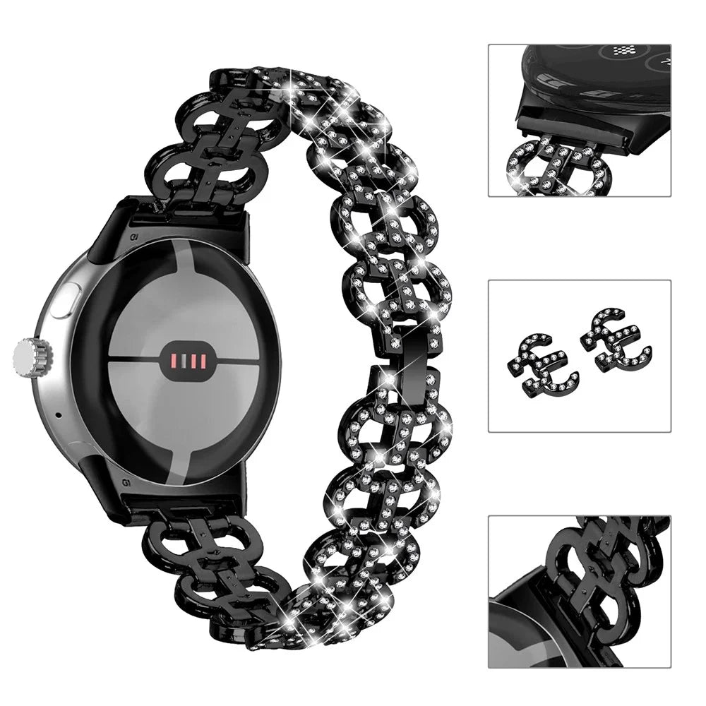 For Google Pixel Watch 4 41mm / Watch 3 41mm / Watch 2 / Watch Gourd Shape Rhinestones Decor Watch Strap Zinc Alloy Replacement Band - Black - 4