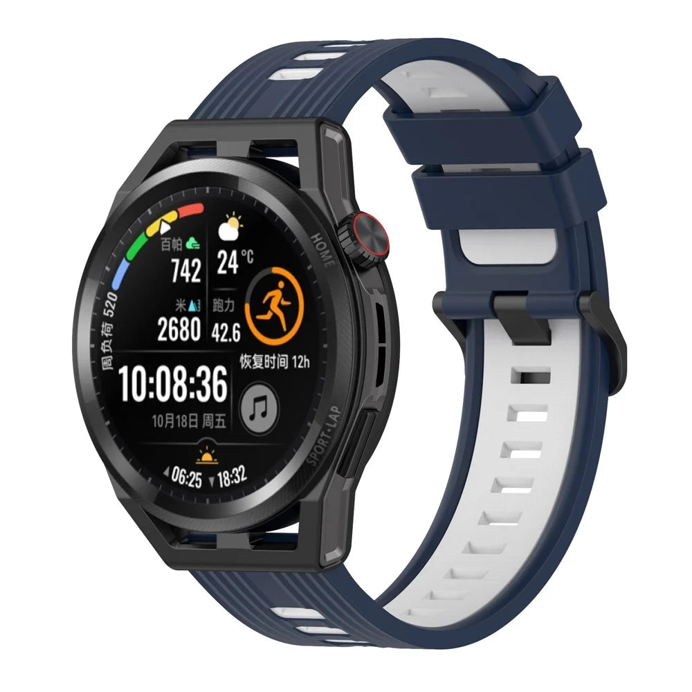 Watch Band for Huawei Watch GT 42mm 46mm / Samsung Galaxy Watch 46mm / Garmin Forerunner 265 Silicone Striped Texture Strap - Midnight Blue+White - 2