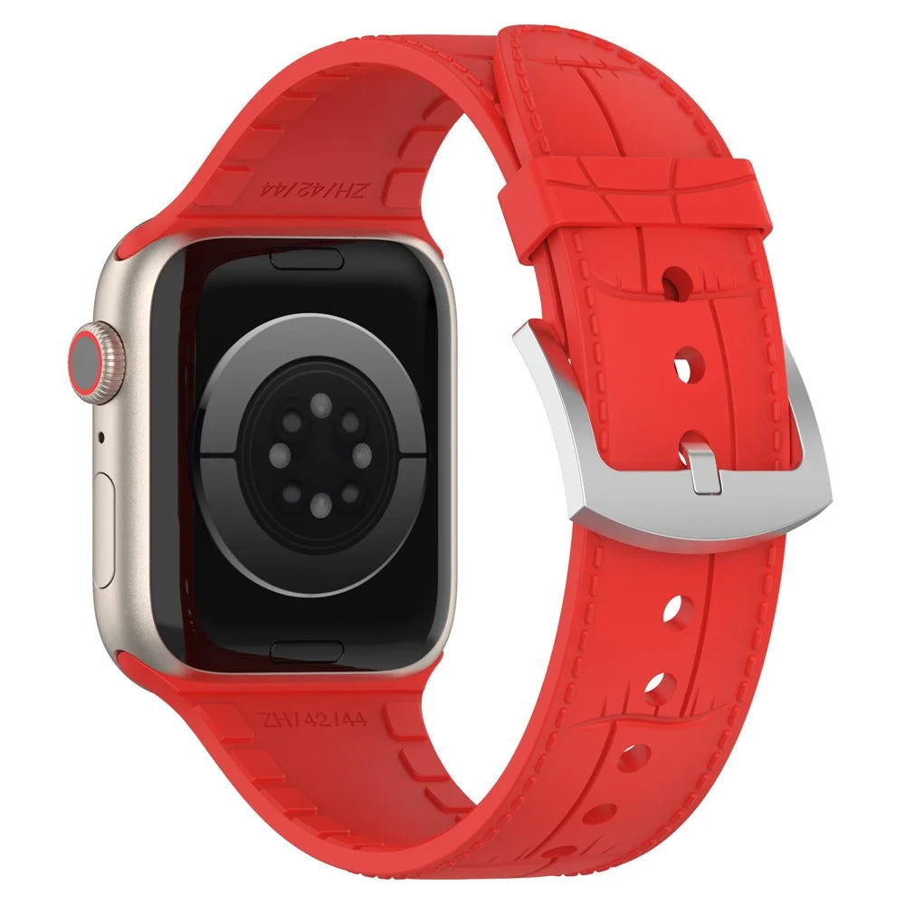 Silicone Watch Band for Apple Watch Series 11 10 42mm / 9 8 7 41mm / SE3 SE2 SE 6 5 4 40mm / 3 2 1 38mm Leather Texture Wrist Strap - Red - 1