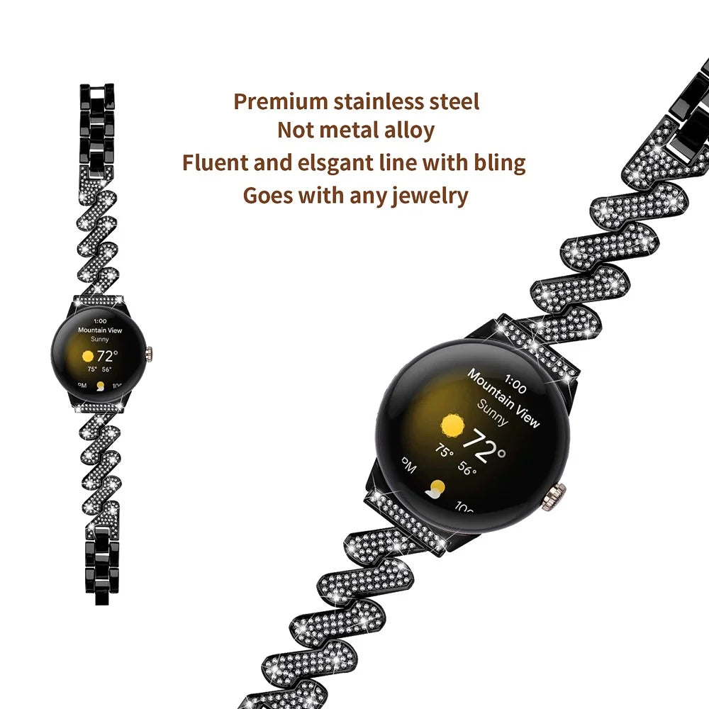 For Google Pixel Watch 4 41mm / Watch 3 41mm / Watch 2 / Watch Zinc Alloy Watch Band Light Luxury Rhinestone Decorated Watch Strap - Black - 4