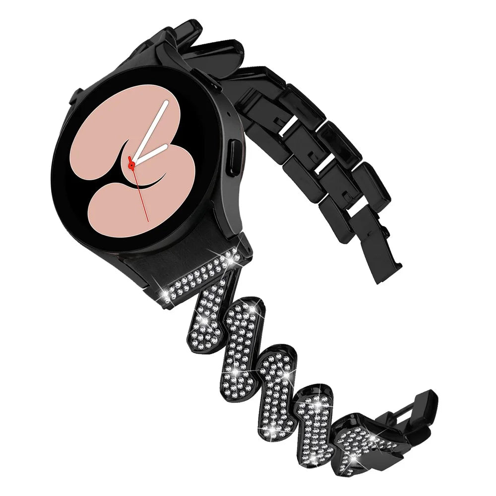 For Samsung Galaxy Watch6 40mm / 44mm / Watch6 Classic 43mm / 47mm Metal Watch Strap Rhinestone Decorated Watchband with Connector - Black - 3