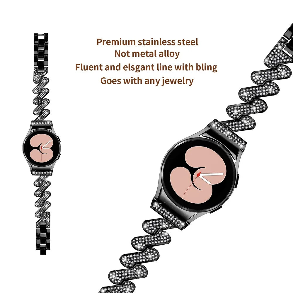 For Samsung Galaxy Watch6 40mm / 44mm / Watch6 Classic 43mm / 47mm Metal Watch Strap Rhinestone Decorated Watchband with Connector - Black - 4