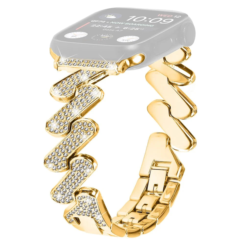 For Apple Watch Ultra 3 2 1 49mm / Series 11 10 46mm / 9 8 7 45mm / SE3 SE2 SE 6 5 4 44mm / 3 2 1 42mm Rhinestones Decor Strap Zinc Alloy Wrist Band - Gold - 1