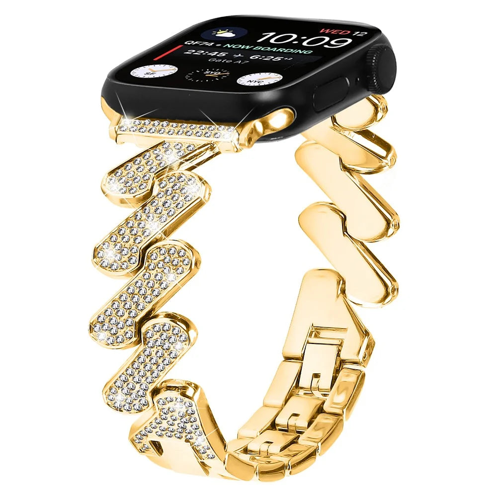 For Apple Watch Ultra 3 2 1 49mm / Series 11 10 46mm / 9 8 7 45mm / SE3 SE2 SE 6 5 4 44mm / 3 2 1 42mm Rhinestones Decor Strap Zinc Alloy Wrist Band - Gold - 2