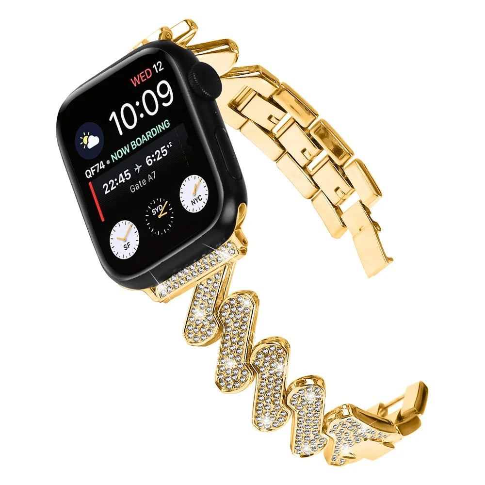 For Apple Watch Ultra 3 2 1 49mm / Series 11 10 46mm / 9 8 7 45mm / SE3 SE2 SE 6 5 4 44mm / 3 2 1 42mm Rhinestones Decor Strap Zinc Alloy Wrist Band - Gold - 3