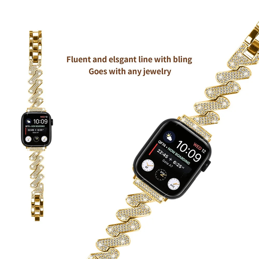 For Apple Watch Ultra 3 2 1 49mm / Series 11 10 46mm / 9 8 7 45mm / SE3 SE2 SE 6 5 4 44mm / 3 2 1 42mm Rhinestones Decor Strap Zinc Alloy Wrist Band - Gold - 4