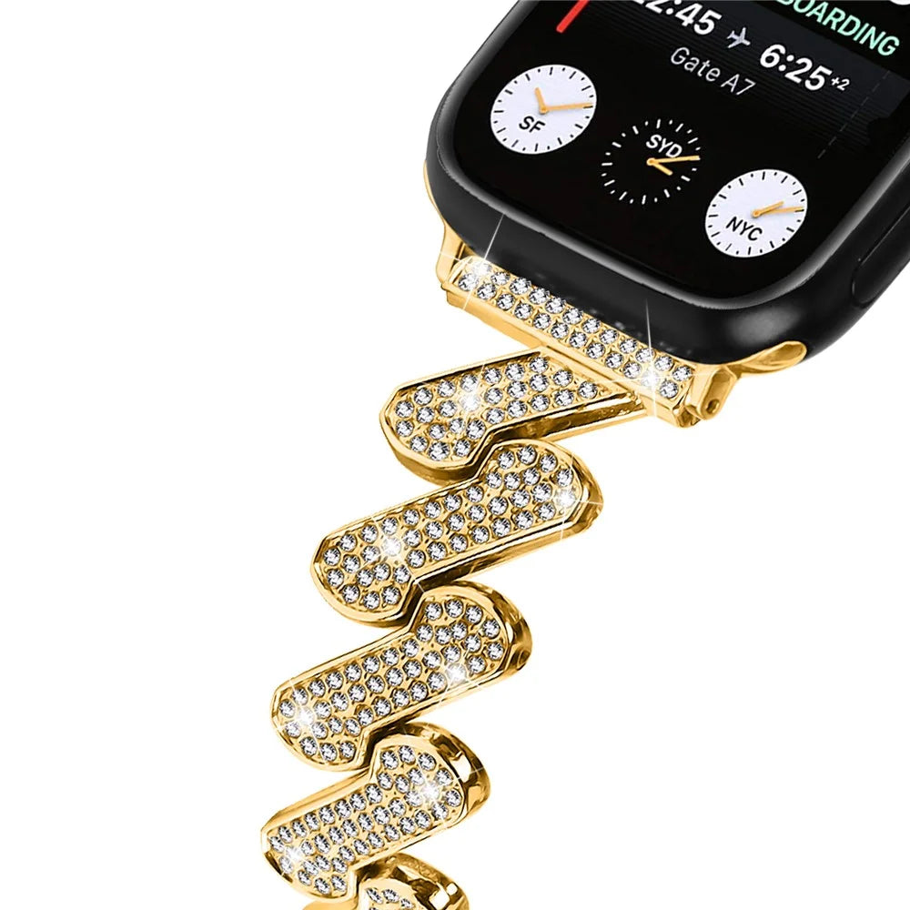 For Apple Watch Ultra 3 2 1 49mm / Series 11 10 46mm / 9 8 7 45mm / SE3 SE2 SE 6 5 4 44mm / 3 2 1 42mm Rhinestones Decor Strap Zinc Alloy Wrist Band - Gold - 5