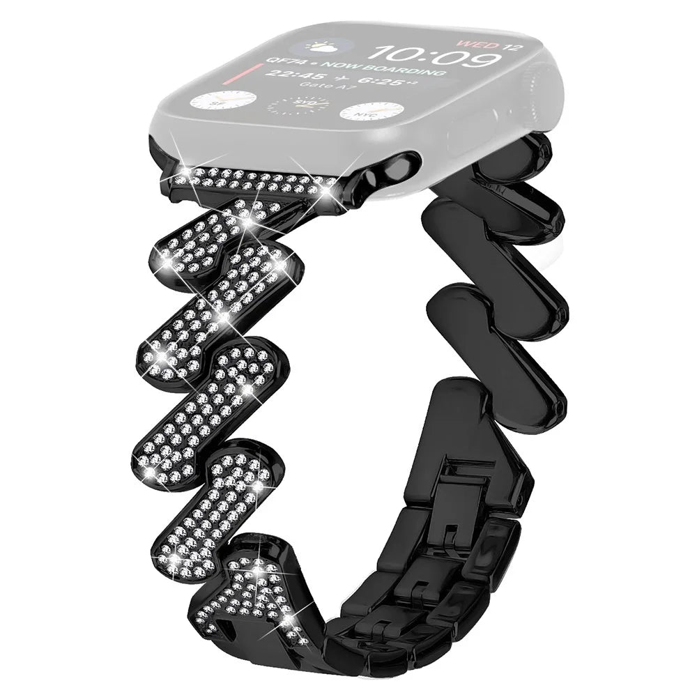 Watch Strap for Apple Watch Series 11 10 42mm / 9 8 7 41mm / SE3 SE2 SE 6 5 4 40mm / 3 2 1 38mm Zinc Alloy Watch Band Rhinestones Decor Strap - Black - 1