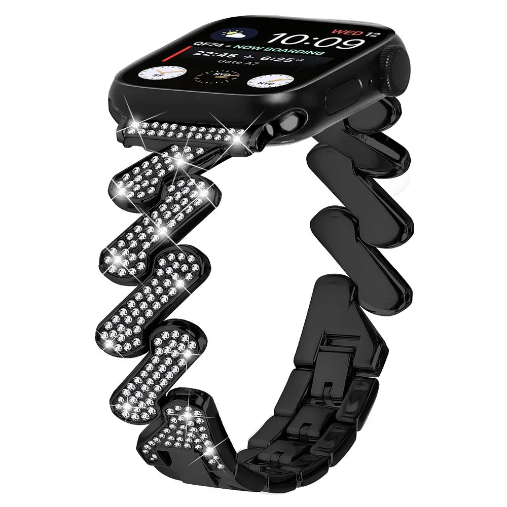Watch Strap for Apple Watch Series 11 10 42mm / 9 8 7 41mm / SE3 SE2 SE 6 5 4 40mm / 3 2 1 38mm Zinc Alloy Watch Band Rhinestones Decor Strap - Black - 2