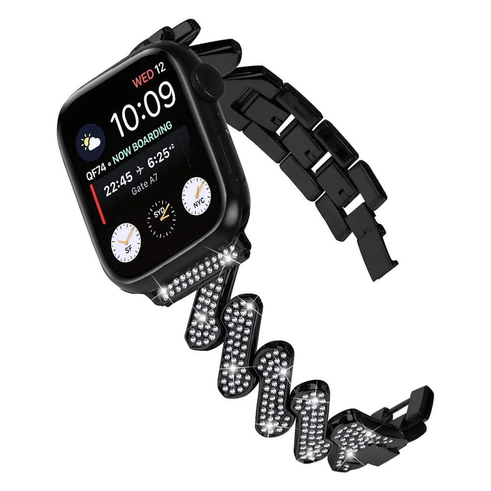 Watch Strap for Apple Watch Series 11 10 42mm / 9 8 7 41mm / SE3 SE2 SE 6 5 4 40mm / 3 2 1 38mm Zinc Alloy Watch Band Rhinestones Decor Strap - Black - 3