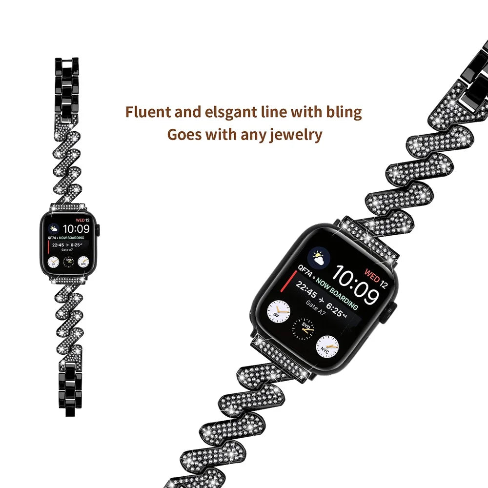 Watch Strap for Apple Watch Series 11 10 42mm / 9 8 7 41mm / SE3 SE2 SE 6 5 4 40mm / 3 2 1 38mm Zinc Alloy Watch Band Rhinestones Decor Strap - Black - 4