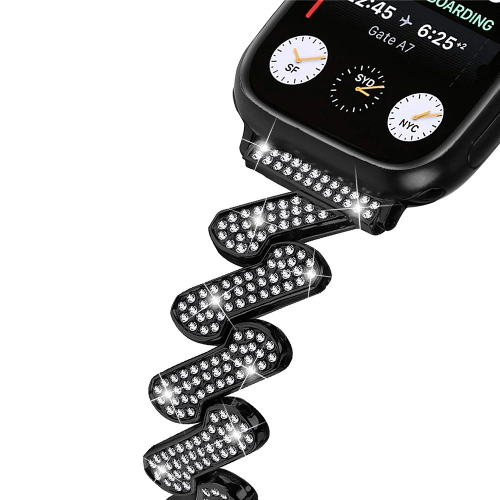 Watch Strap for Apple Watch Series 11 10 42mm / 9 8 7 41mm / SE3 SE2 SE 6 5 4 40mm / 3 2 1 38mm Zinc Alloy Watch Band Rhinestones Decor Strap - Black - 5