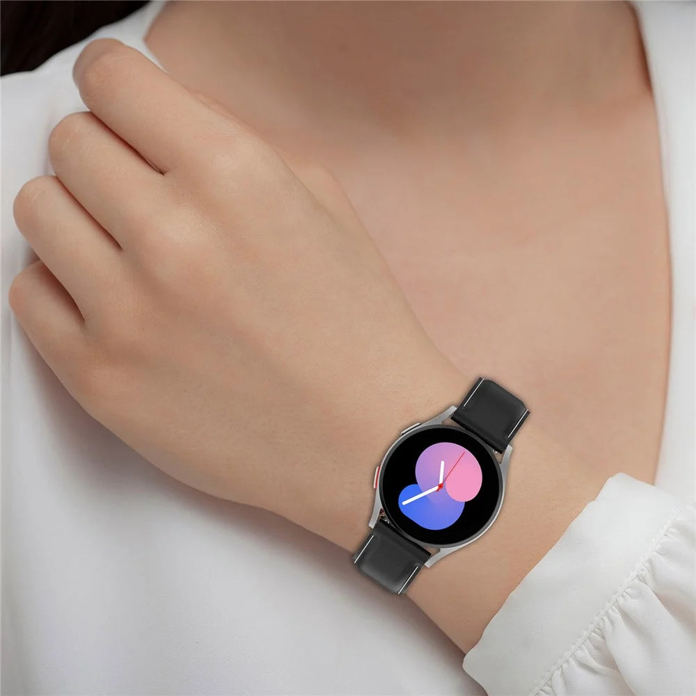 20mm Watch Band for Samsung Galaxy Watch6 40mm 44mm / Watch6 Classic 43mm 47mm , Genuine Cow Leather Folding Buckle Strap - Black - 6