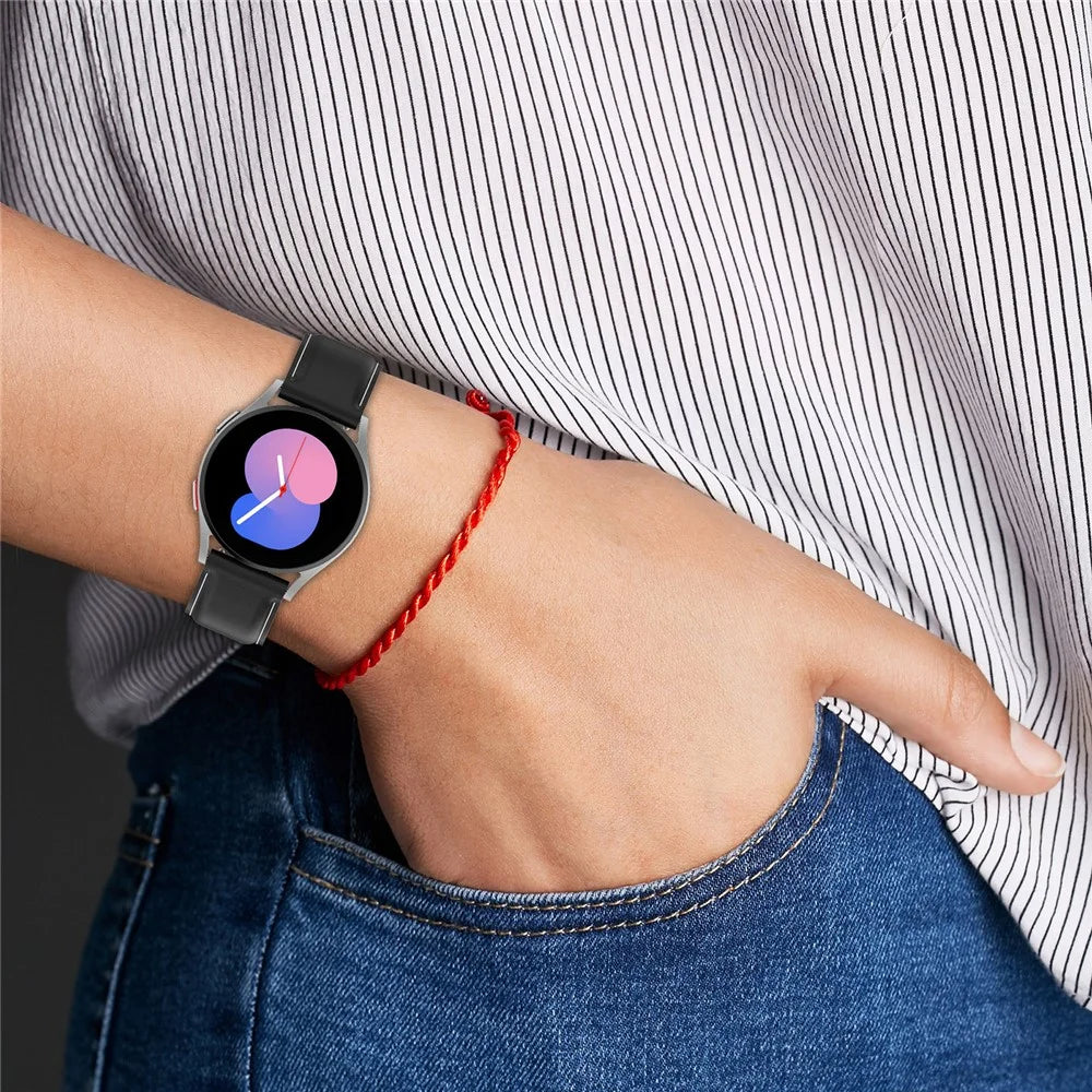 20mm Watch Band for Samsung Galaxy Watch6 40mm 44mm / Watch6 Classic 43mm 47mm , Genuine Cow Leather Folding Buckle Strap - Black - 7