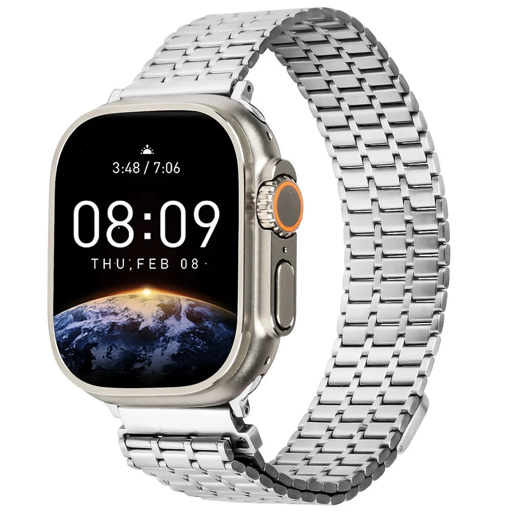 For Apple Watch Ultra 3 2 1 49mm / Series 11 10 46mm / 9 8 7 45mm / SE3 SE2 SE 6 5 4 44mm / 3 2 1 42mm Watch Band Stainless Steel Magnetic Strap - Silver - 2