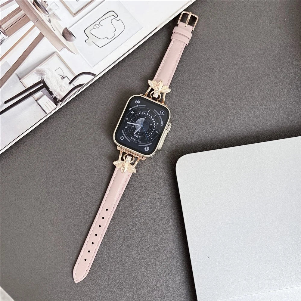 For Apple Watch Ultra 3 2 1 49mm / Series 11 10 46mm / 9 8 7 45mm / SE3 SE2 SE 6 5 4 44mm / 3 2 1 42mm Genuine Cow Leather Watchband Bee Decoration Watch Strap - Pink - 1