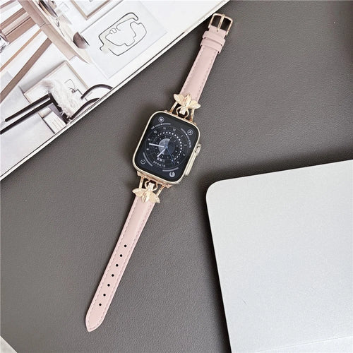For Apple Watch Ultra 3 2 1 49mm / Series 11 10 46mm / 9 8 7 45mm / SE3 SE2 SE 6 5 4 44mm / 3 2 1 42mm Genuine Cow Leather Watchband Bee Decoration Watch Strap - Pink - 1