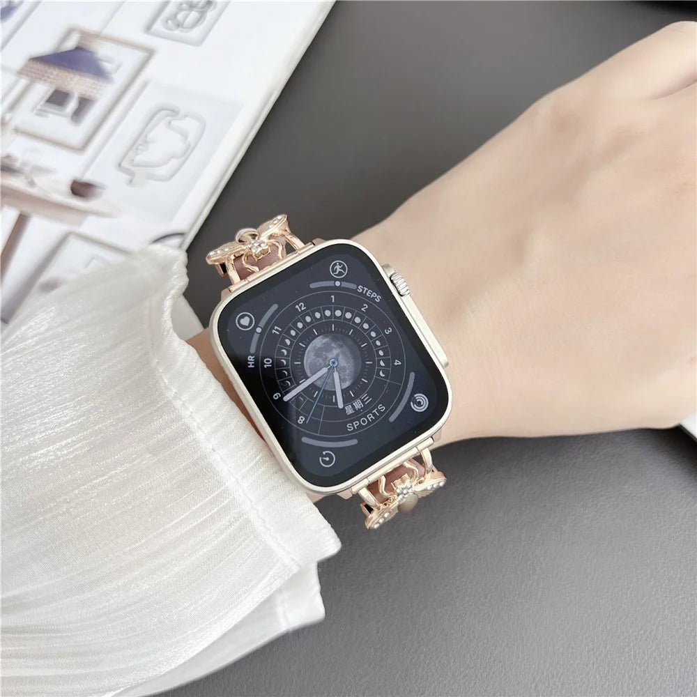 For Apple Watch Ultra 3 2 1 49mm / Series 11 10 46mm / 9 8 7 45mm / SE3 SE2 SE 6 5 4 44mm / 3 2 1 42mm Genuine Cow Leather Watchband Bee Decoration Watch Strap - Pink - 2