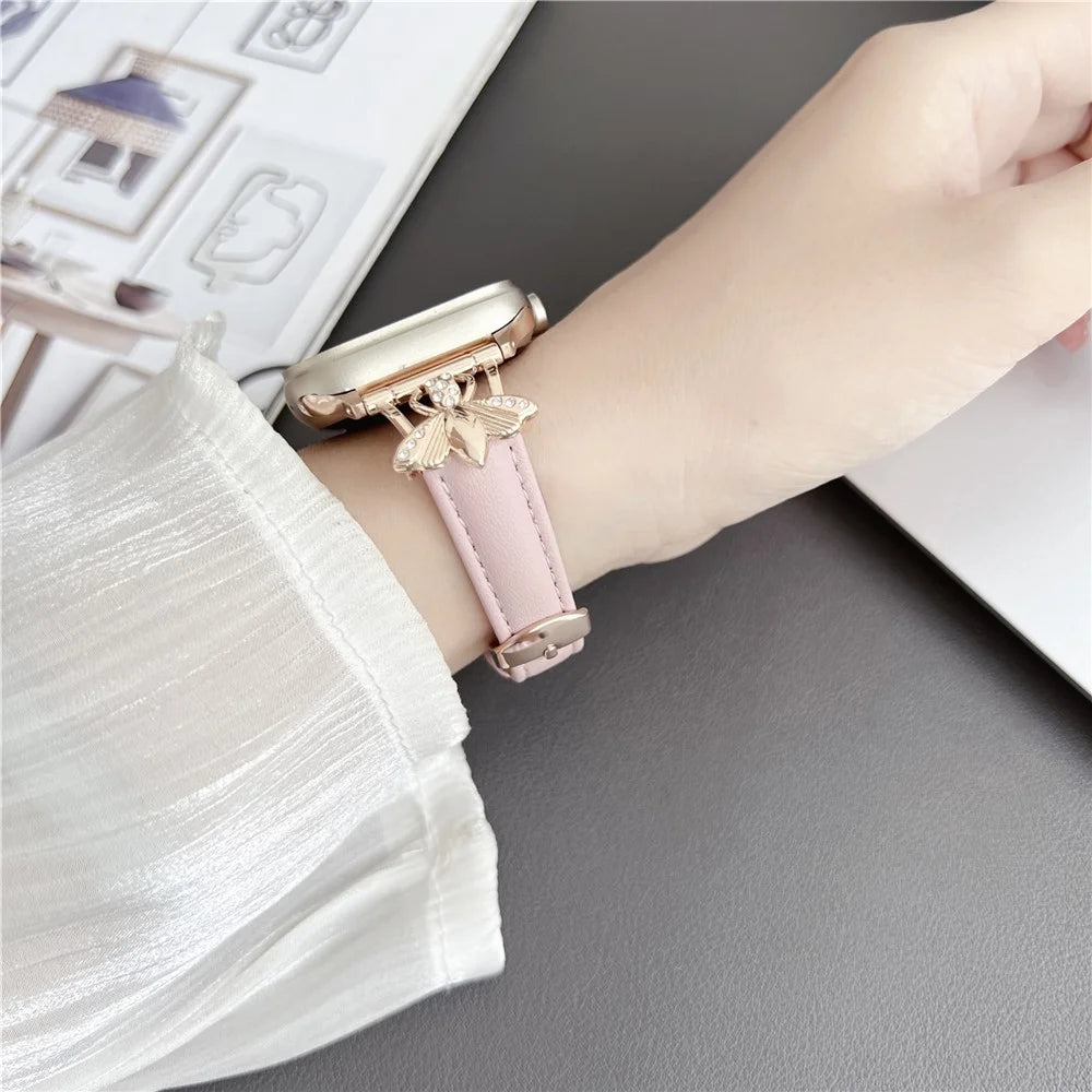 For Apple Watch Ultra 3 2 1 49mm / Series 11 10 46mm / 9 8 7 45mm / SE3 SE2 SE 6 5 4 44mm / 3 2 1 42mm Genuine Cow Leather Watchband Bee Decoration Watch Strap - Pink - 3