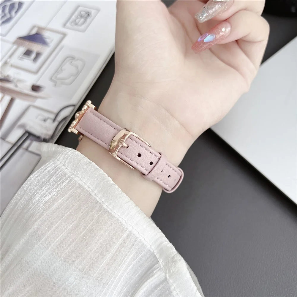For Apple Watch Ultra 3 2 1 49mm / Series 11 10 46mm / 9 8 7 45mm / SE3 SE2 SE 6 5 4 44mm / 3 2 1 42mm Genuine Cow Leather Watchband Bee Decoration Watch Strap - Pink - 4