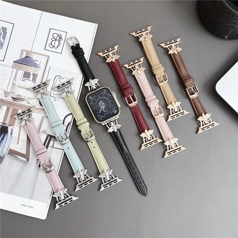 For Apple Watch Ultra 3 2 1 49mm / Series 11 10 46mm / 9 8 7 45mm / SE3 SE2 SE 6 5 4 44mm / 3 2 1 42mm Genuine Cow Leather Watchband Bee Decoration Watch Strap - Pink - 5