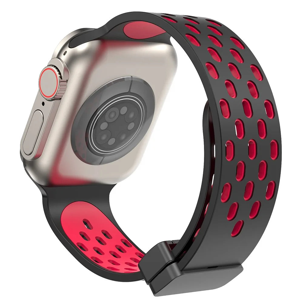 Watch Band for Apple Watch Ultra 3 2 1 49mm / Series 11 10 46mm / 9 8 7 45mm / SE3 SE2 SE 6 5 4 44mm / 3 2 1 42mm , Dual-Color Silicone Magnetic Strap - Black+Red - 1