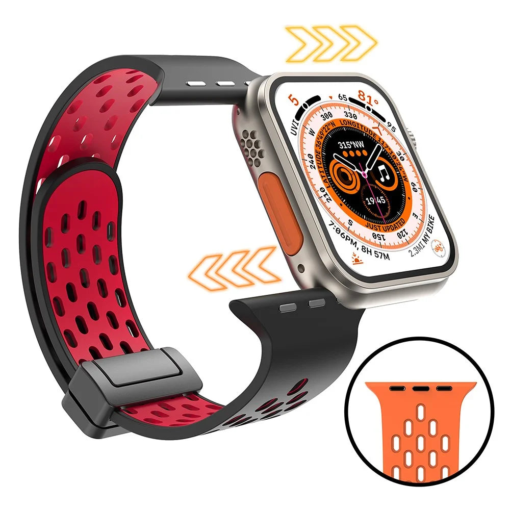 Watch Band for Apple Watch Ultra 3 2 1 49mm / Series 11 10 46mm / 9 8 7 45mm / SE3 SE2 SE 6 5 4 44mm / 3 2 1 42mm , Dual-Color Silicone Magnetic Strap - Black+Red - 2