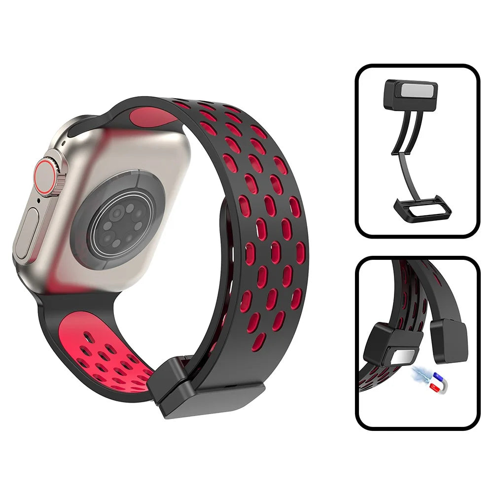 Watch Band for Apple Watch Ultra 3 2 1 49mm / Series 11 10 46mm / 9 8 7 45mm / SE3 SE2 SE 6 5 4 44mm / 3 2 1 42mm , Dual-Color Silicone Magnetic Strap - Black+Red - 3