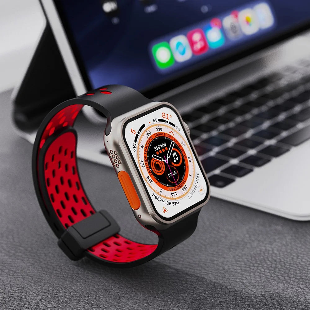 Watch Band for Apple Watch Ultra 3 2 1 49mm / Series 11 10 46mm / 9 8 7 45mm / SE3 SE2 SE 6 5 4 44mm / 3 2 1 42mm , Dual-Color Silicone Magnetic Strap - Black+Red - 5