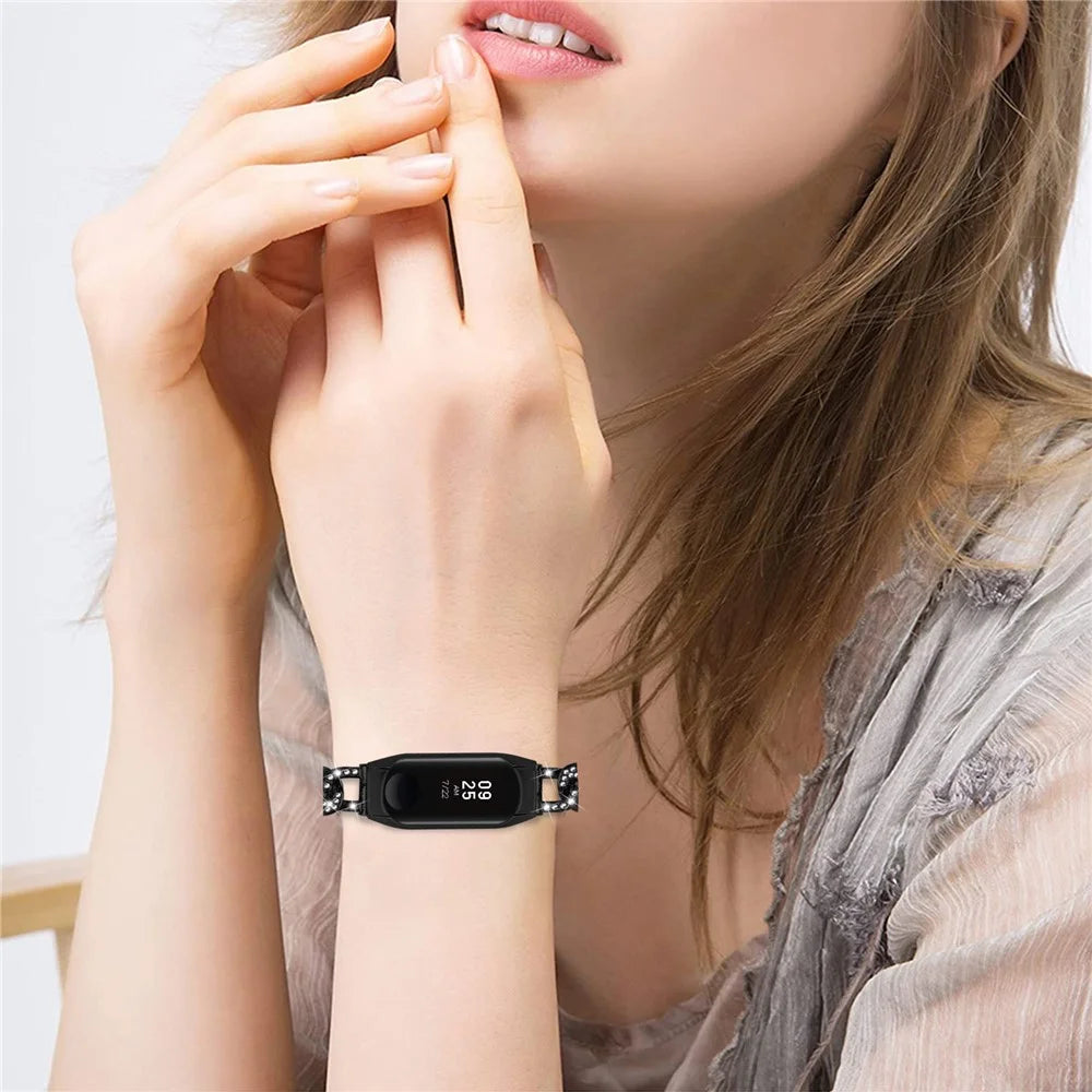 For Xiaomi Smart Band 9 NFC / 9 / 8 NFC / 8 Rhinestone Decor Metal Watch Strap Replacement Smartwatch Band - Black - 7