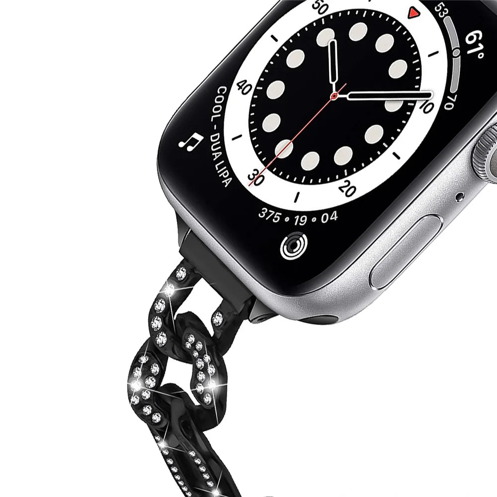 Alloy Watch Strap for Apple Watch Ultra 3 2 1 49mm / Series 11 10 46mm / 9 8 7 45mm / SE3 SE2 SE 6 5 4 44mm / 3 2 1 42mm , Rhinestone Decor Watch Band - Black - 4
