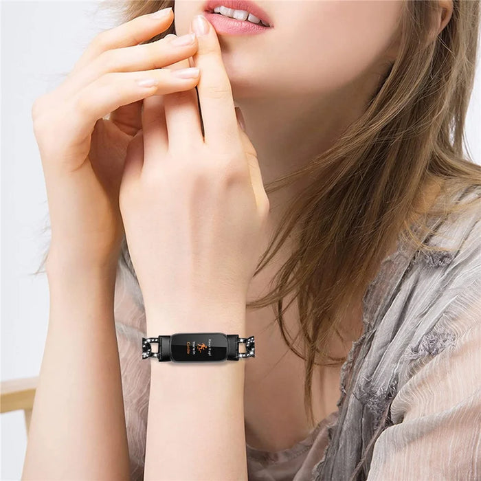 For Fitbit Luxe Rhinestone Decor Watch Band Zinc Alloy Metal Strap - Black - 7