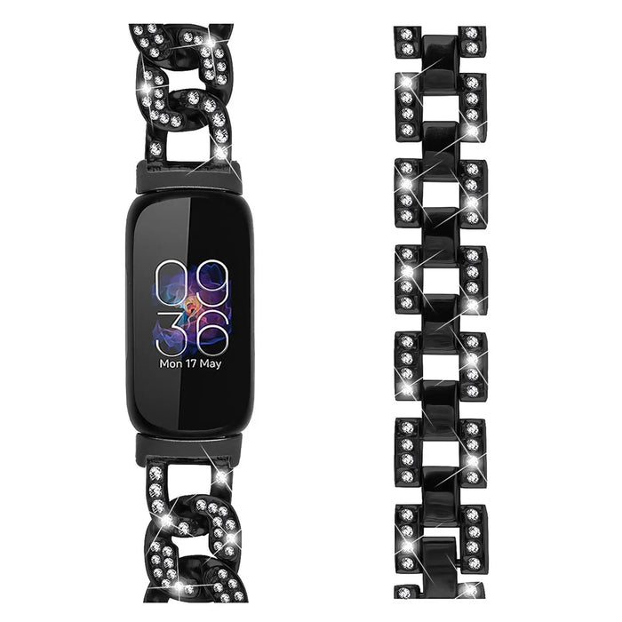 For Fitbit Inspire 3 Alloy Metal Watch Band Bling Rhinestone Decor Bracelet Strap - Black - 3